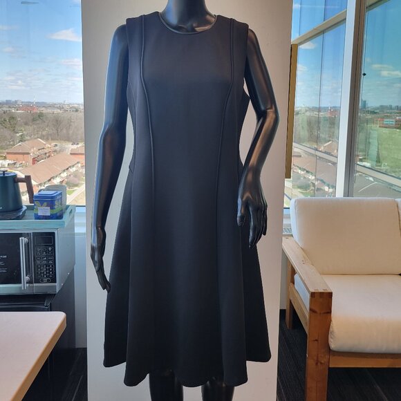 DKNY Sleeveless Scuba fit and flare Little Black Dress Faux Leather Trim - Picture 1 of 8